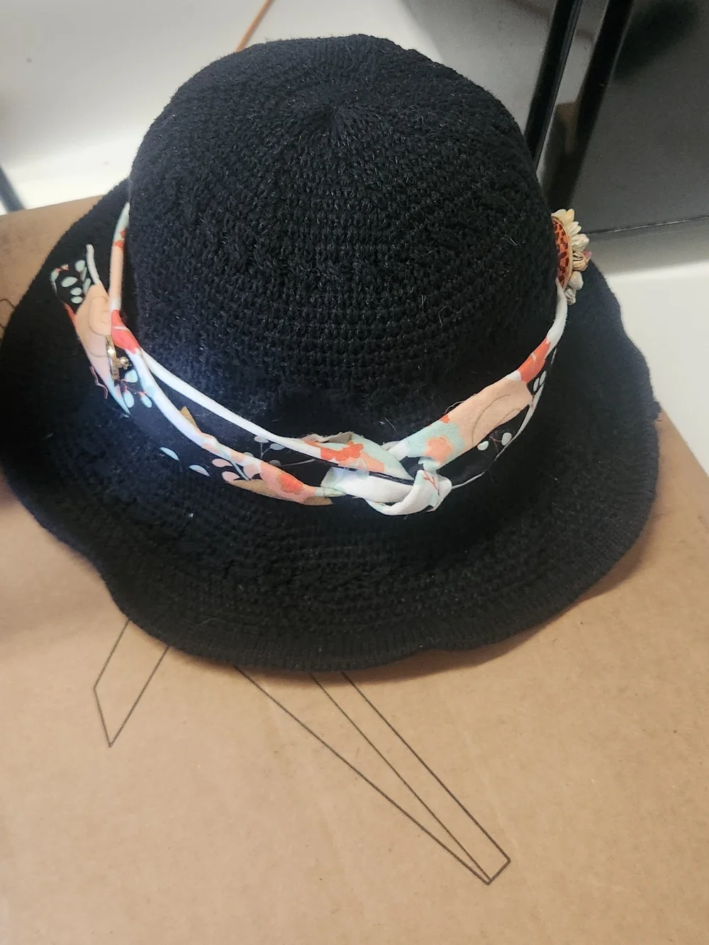Hand Crafted Black Crochet Sun Hat with Floral Scarf Band